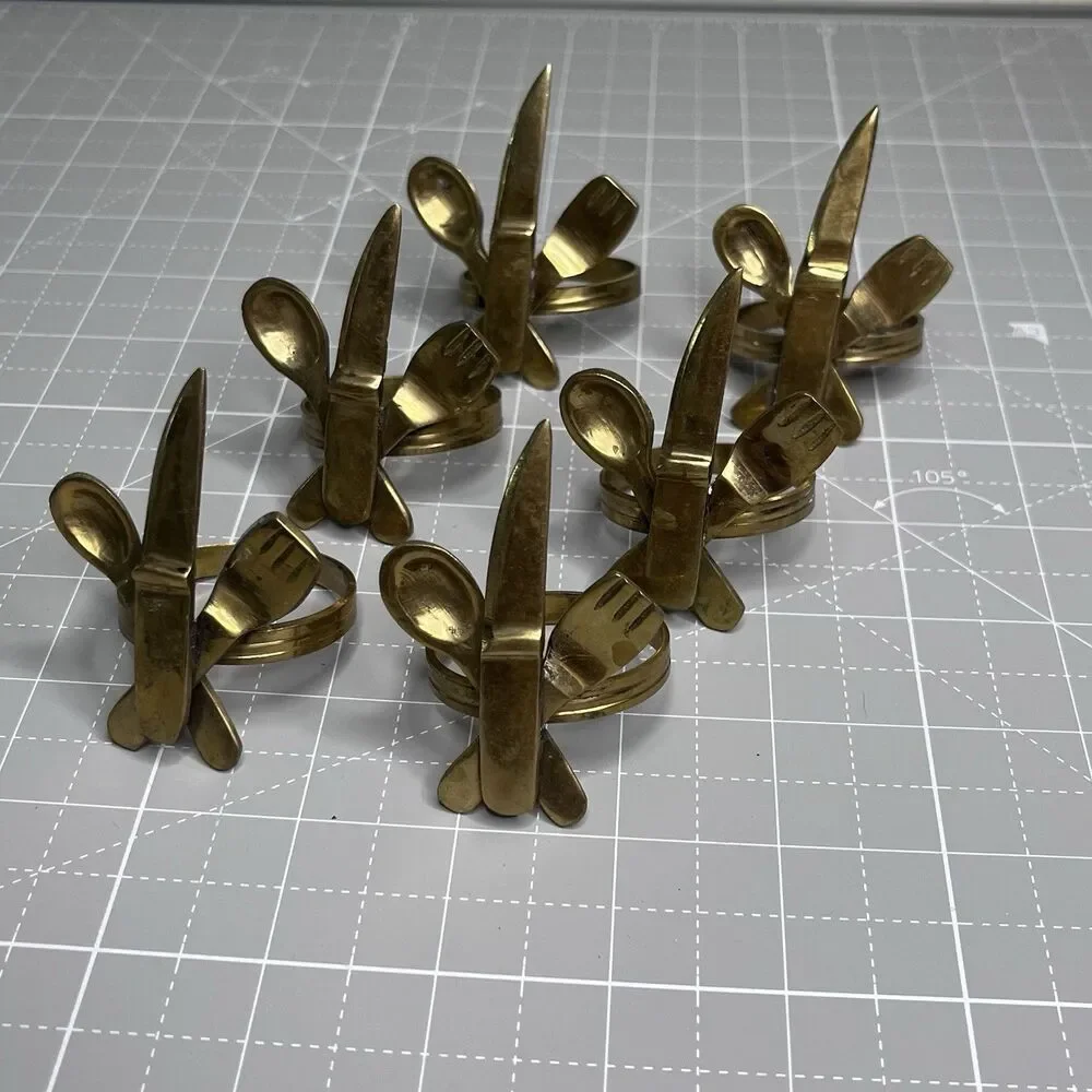 Lot Of 6 Brass MCM Napkin Holders Spoon Fork Knife Flatware Theme Table Setting